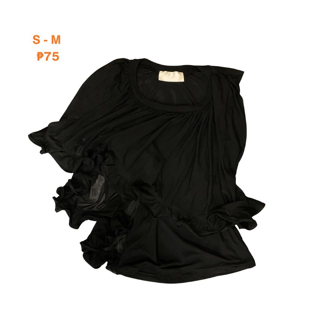 Black Ruffled Top (Category: Blouses) located in Pasig City. Submitted by orange.thrift (Listing ID 1461051332, Image 1). Description: - Chic black top with ruffled details on sleeves and hem. - Elegant gathered neckline. - Made from comfortable and flowy material. - Fits sizes S-M. .