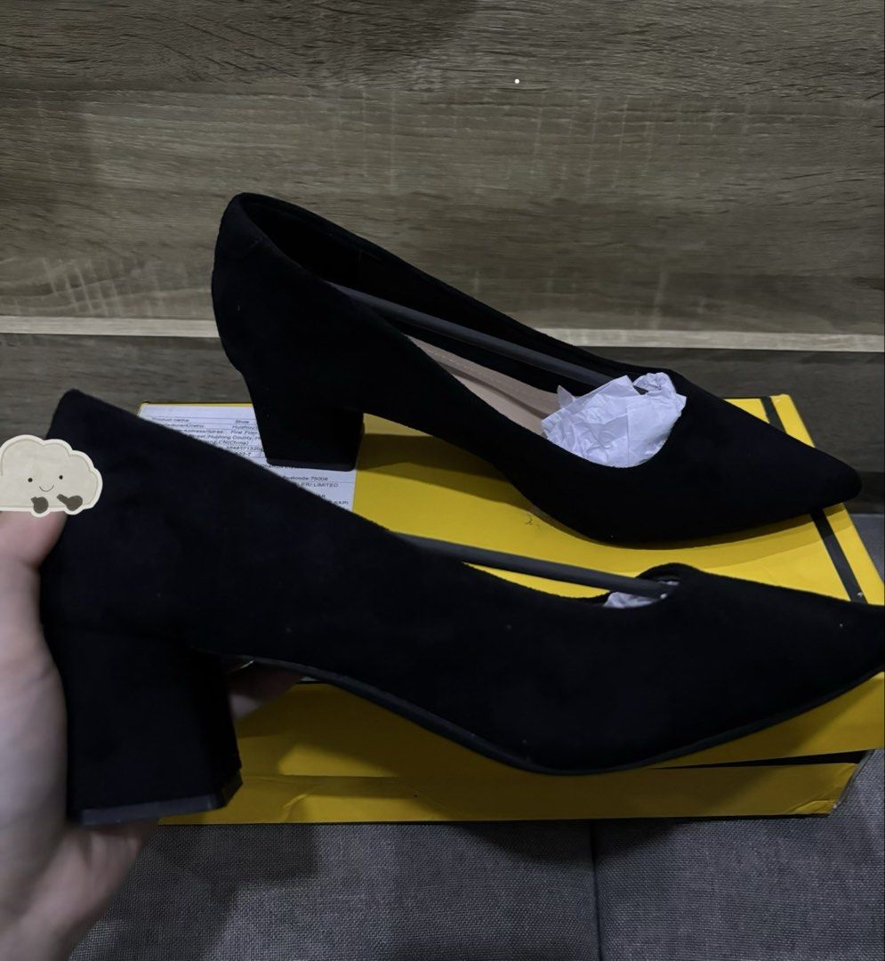 Black Suede Pointed Toe Block Heels (Category: Heels) located in Manila. Submitted by lowccricket (Listing ID 1461028316, Image 2). Description: no meet ups size 37 excellent condition comes with a box.