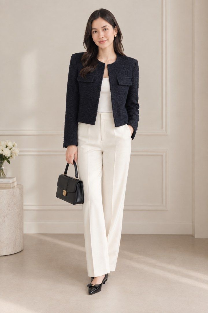 Black Tweed Jacket Blazer (Category: Coats, Jackets and Outerwear) located in Quezon City. Submitted by prelovedluxe_ (Listing ID 1459937503, Image 1). Description: Elegant and timeless black open style tweed jacket featuring a textured woven finish. Designed with a structured, slightly cropped silhouette, round neckline, long sleeves, and flap pockets for a refined yet versatile look. The jacket is fully lined. Easy to dress up or down—pair it w