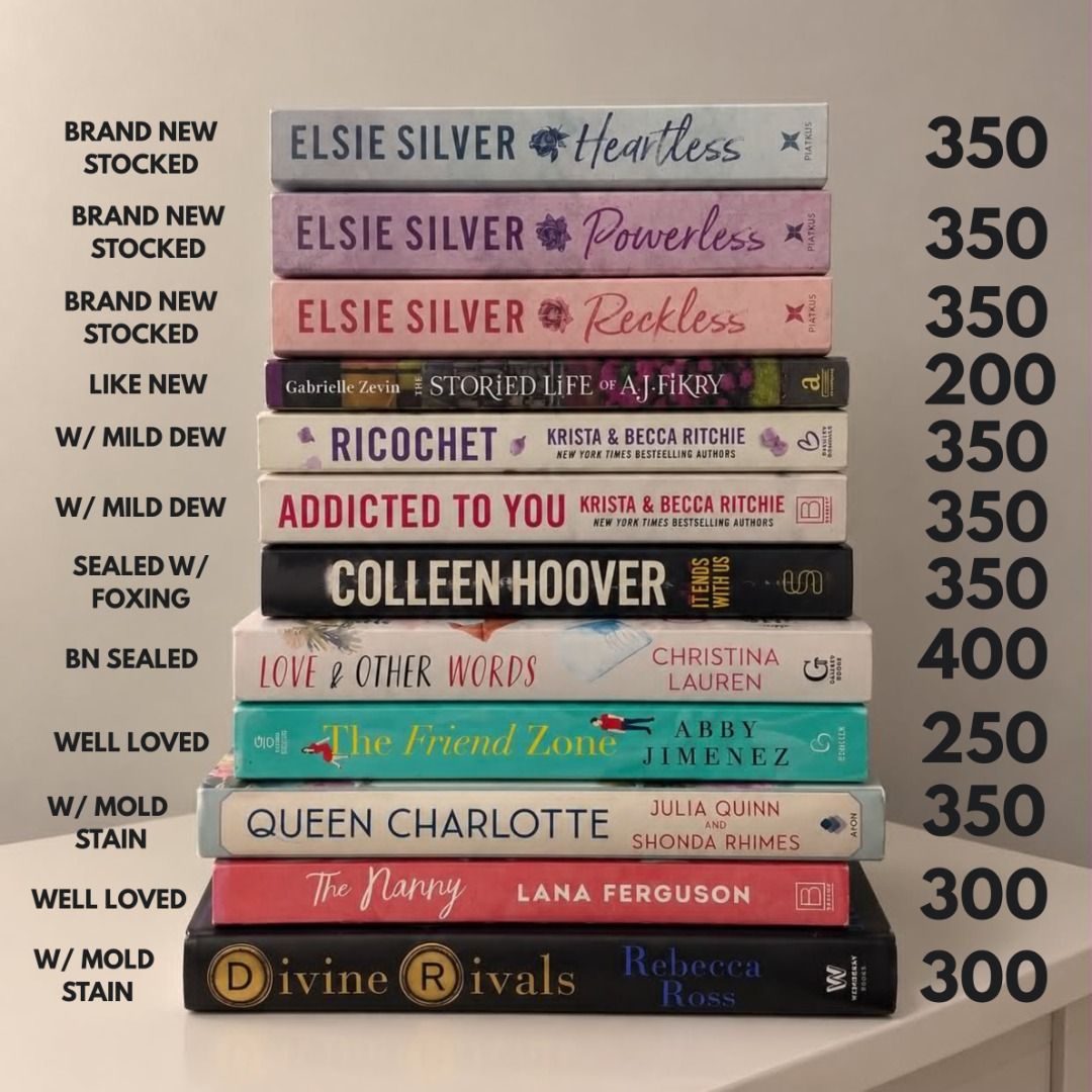 BOOKS FOR SALE (DECLUTTERING) (Category: Storybooks) located in Quezon City. Submitted by trishamayb (Listing ID 1461111024, Image 1). Description: Selling Elsie Silver's Heartless, Powerless, and Reckless. All are brand new stocked. Also have Ricochet and Addicted to You by Krista & Becca Ritchie. Colleen Hoover's It Ends With Us is sealed with foxing. Love & Other Words by Christina Lauren is BN sealed (with tiny water mark). The Friend Zone by