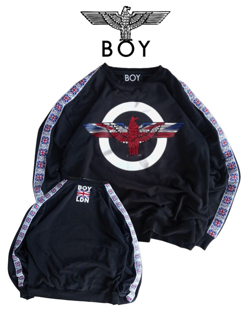 Boy london black sweatshjrt (Category: Coats, Jackets and Outerwear) located in Baguio. Submitted by villa_aparel (Listing ID 1461071682, Image 1). Description: Boy London Length - 27.8 inches Width - 21.5 inches Issues: Stains Color rate 9/10 Authentic.