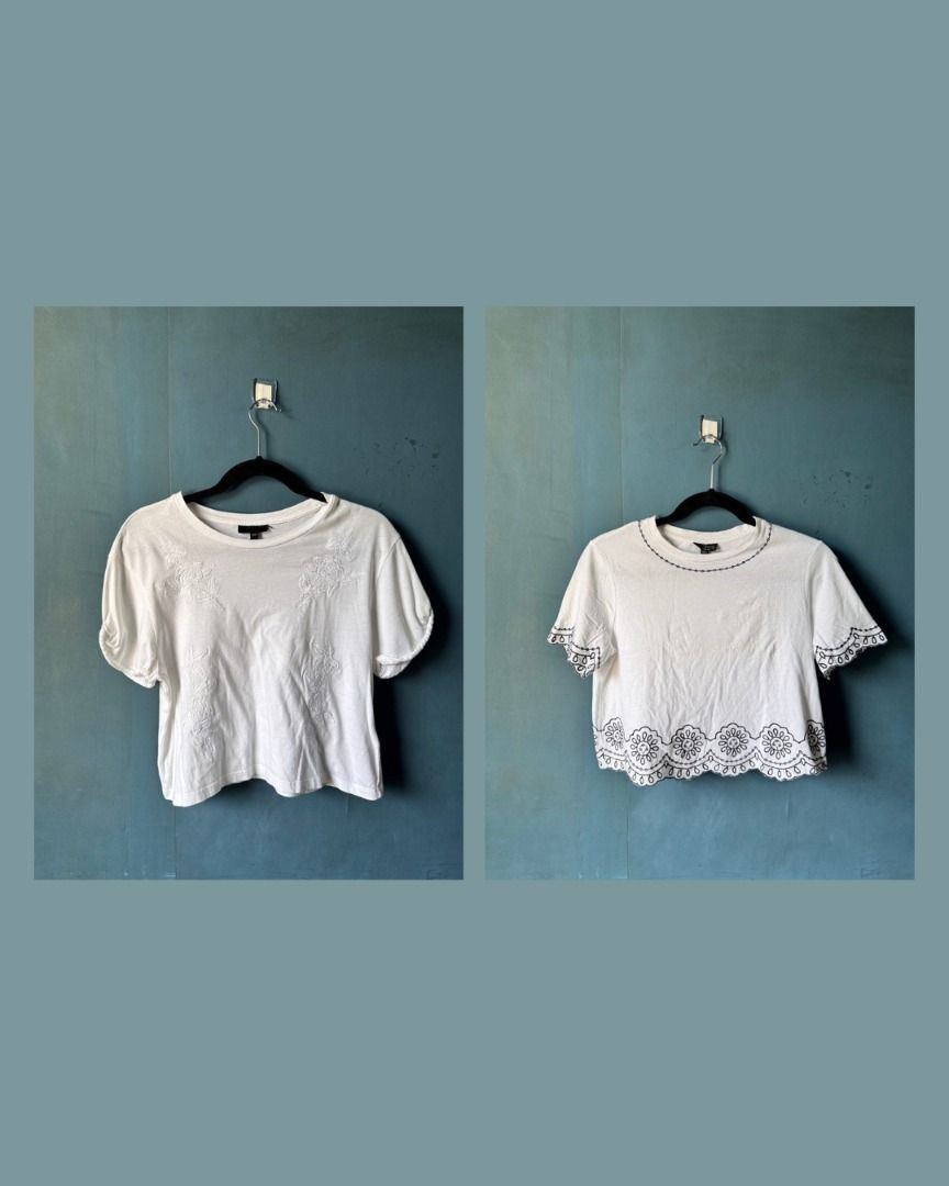 Brandy Melville Top Bundle (Category: Shirts) located in Manila. Submitted by reesespiecess (Listing ID 1461076679, Image 1). Description: Bundle of two Topshop tops. Can check my profile for the full condition of the tops! Please take note that the embroidered top has a stain flaw as seen in the photos. Inclusions: - Topshop Petite White Cropped T-Shirt with Embroidered Scalloped Hem - Topshop White Embroidered Rose T-Shirt Take all four tops fo