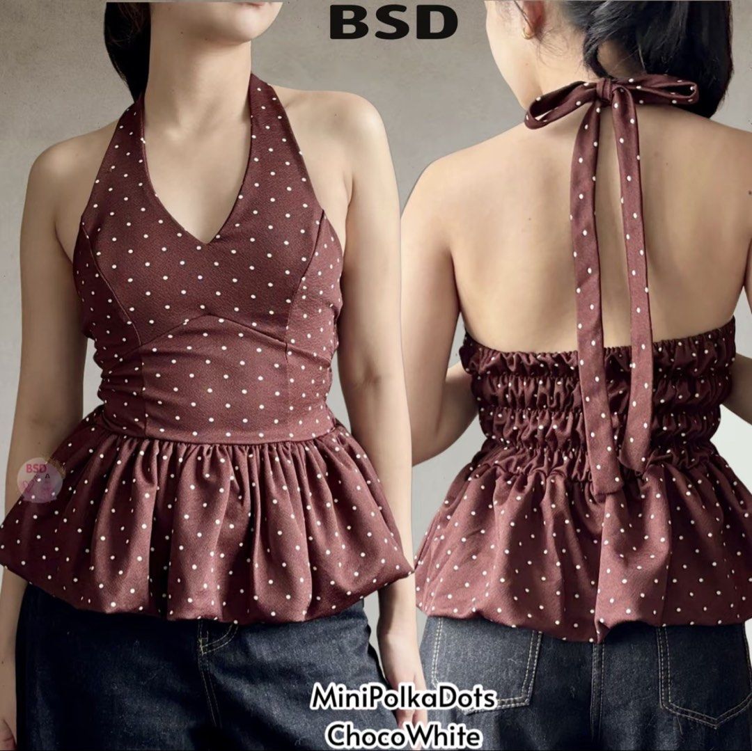 Brown Polka Dot Halter Neck Peplum Top (Category: Sleeveless) located in Manila. Submitted by ukhy_shop (Listing ID 1461090839, Image 2). Description: - Brown halter neck top - White polka dot pattern - Adjustable tie at the back - Stretchy/Cotton Material - Great fit: S-M 🛒 — ₱120 ONLY dm to avail ‼️.