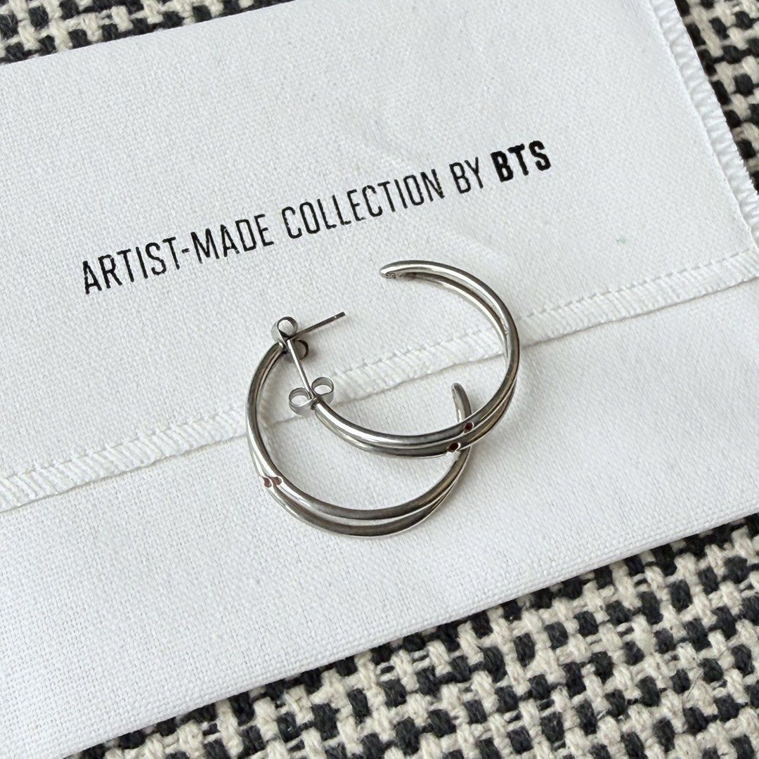BTS Jimin Red Carving Earrings (Category: Earrings) located in Taytay. Submitted by gingbns (Listing ID 1461001426, Image 2). Description: - BTS Jimin Artist-Made Collection Red Carving Earrings - Complete inclusions with sealed photocard - Material: 925 silver plated with platinum - Design: Hoop earrings - Special Detail: Jimin's favorite number '13' printed inside - Inclusions: Original box, photocard, and making log - 📍Makati.