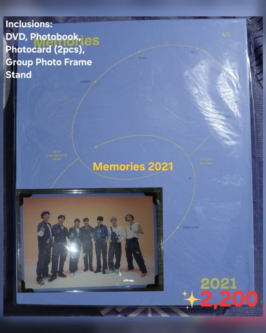 BTS Memories 2021 (Category: K-Wave Merchandise) located in Manila. Submitted by arapark.13 (Listing ID 1460084765, Image 2). Description: UNSEALED NEVER PLAYED Inclusions: DVD Photobook Photocard (2pcs) Group Photo Frame Stand PAYO (Pay as you order) MOP: GCash/Bank Transfer.