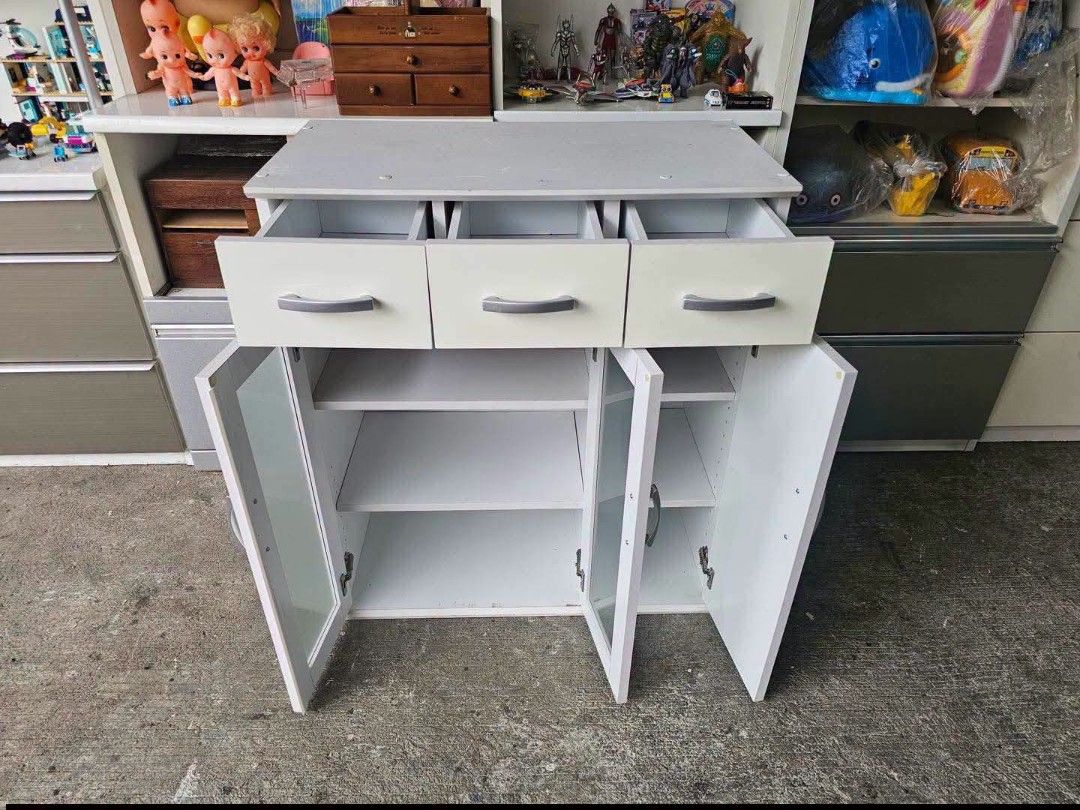 Buffet Cabinet (Category: Shelves, Cabinets & Racks) located in Meycauayan. Submitted by marygracecasimiro (Listing ID 1461005850, Image 2). Description: Buffet Cabinet‼️₱8,000‼️ ✔️L-31 H-35.5 W-16 inches 📐 ✔3 Doors and 3 Drawers 🗄 ✔️Laminated 🔖 ✔️Compress & Mdf Back 🪵 ✔Scratches As-is! 🩷💙.