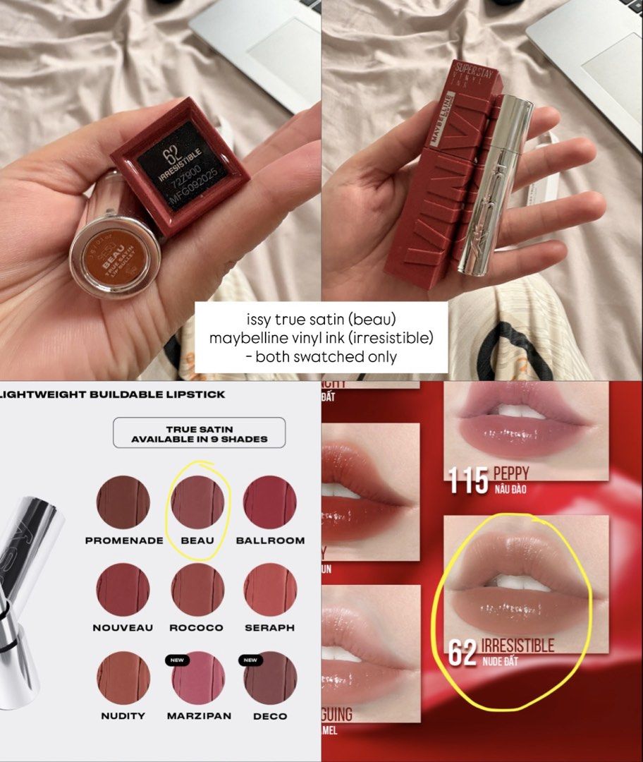 Bundle | Issy True Satin & Maybelline Vinyl Ink (Category: Makeup) located in Malvar. Submitted by chatztash (Listing ID 1460980433, Image 3). Description: • Issy Lip bullet True Satin - Shade: Beau (best selling shade) - swatched only • Maybelline Vinyl Ink - Shade: Irresistible - swatched only .