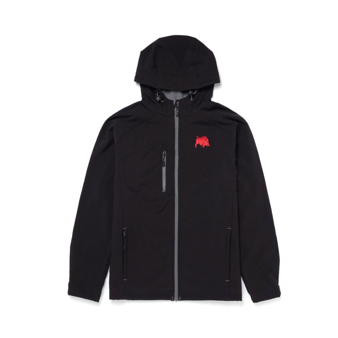 Bush Hog Soft Shell Jacket - Black (Category: Hoodies) located in Las Pinas. Submitted by snapcartmanila (Listing ID 1461027782, Image 1). Description: - Black hooded soft-shell jacket - Features iconic Red Hog logo on chest - Zipper closure for easy wear - Convenient chest pocket with zipper - Adjustable drawstrings on hood for a custom fit - Ideal for casual outings or outdoor adventures.