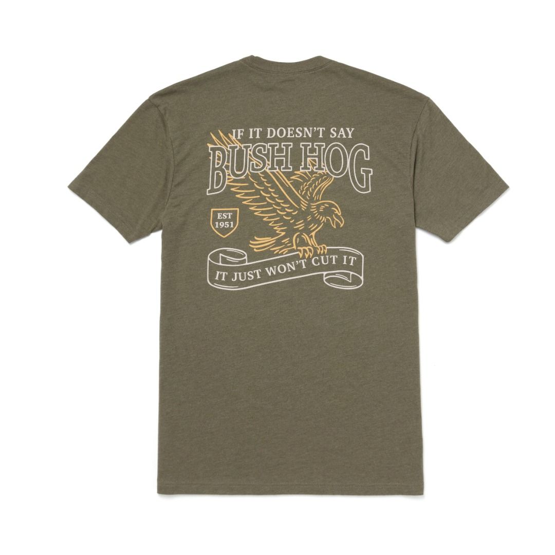 Bush Hog T-Shirt Eagle Graphic Tee (Category: Tshirts & Polo Shirts ) located in Las Pinas. Submitted by snapcartmanila (Listing ID 1461031117, Image 1). Description: - Olive green t-shirt - Features a bold Bush Hog graphic on the back - Back graphic includes an eagle and the text 'If it doesn't say Bush Hog, it just won't cut it' - Small Bush Hog logo embroidered on the front chest - Made from soft fabric for ultimate comfort - Comfortable, rela