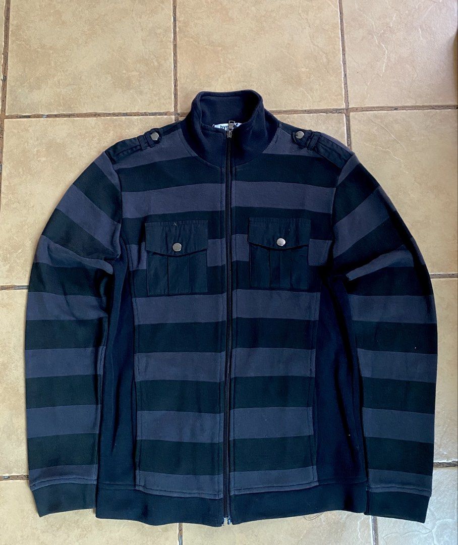 Byrd Striped Zip-Up Jacket (Category: Coats, Jackets and Outerwear) located in Manila. Submitted by sebthrift (Listing ID 1460929746, Image 1). Description: - Cool striped zip-up jacket by Byrd - Made of 100% cotton - Features two chest pockets with button closures - Shoulder epaulets for added style - Ideal for comfortable, casual layering.