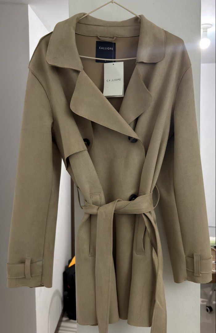 CALLIOPE Beige Suede Trench Coat (Category: Coats, Jackets and Outerwear) located in Las Pinas. Submitted by cassie1919 (Listing ID 1461069619, Image 3). Description: - CALLIOPE Beige Suede Trench Coat - Brand new (RFS: Wrong size) - Size is large but can fit S-M frames - Original tag still attached - bought from mall (currently out of stock na sa malls and online so it’s really a steal huhu) - VERY GOOD QUALITY 🥹.