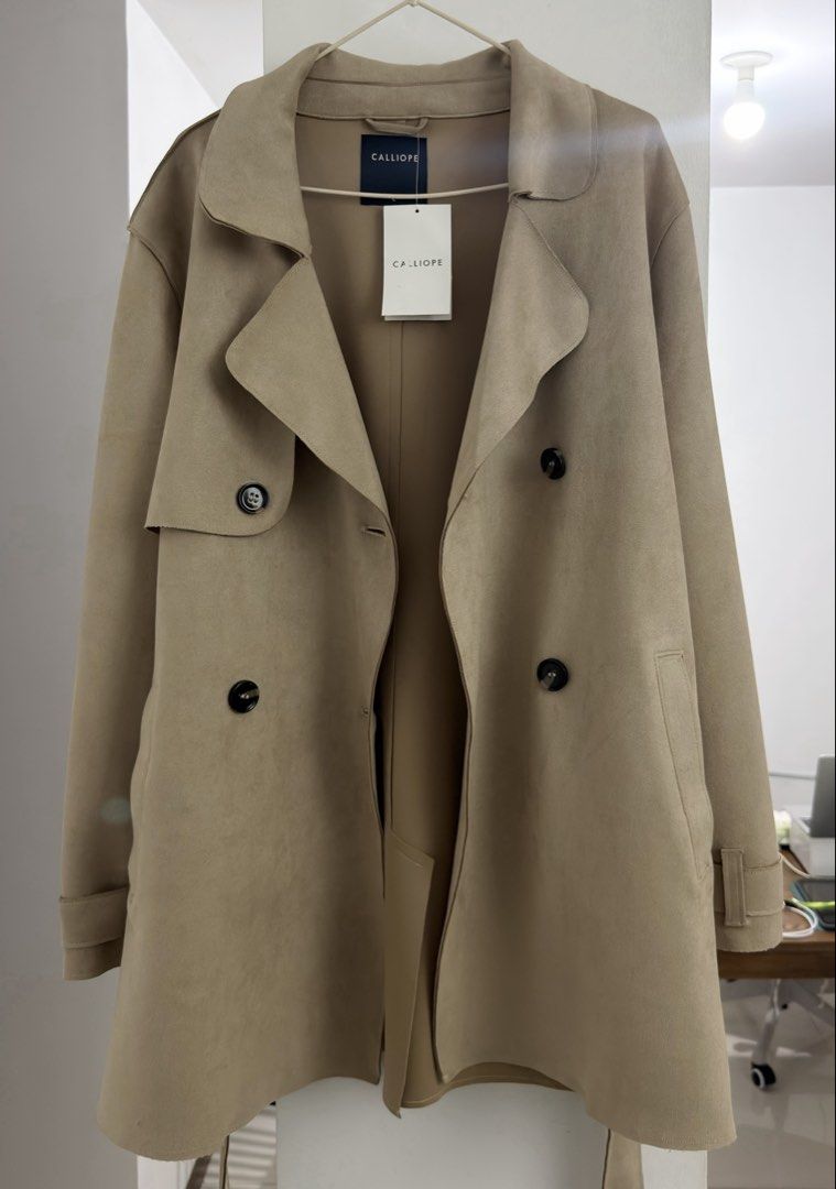 CALLIOPE Beige Suede Trench Coat (Category: Coats, Jackets and Outerwear) located in Las Pinas. Submitted by cassie1919 (Listing ID 1461069619, Image 1). Description: - CALLIOPE Beige Suede Trench Coat - Brand new (RFS: Wrong size) - Size is large but can fit S-M frames - Original tag still attached - bought from mall (currently out of stock na sa malls and online so it’s really a steal huhu) - VERY GOOD QUALITY 🥹.