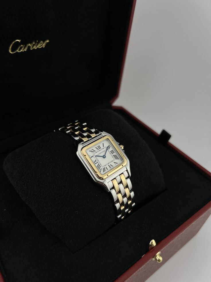 Cartier Panthere Two tone (Category: Luxury Watches) located in Quezon City. Submitted by luxeluggagestation (Listing ID 1461058795, Image 3). Description: Selling for a friend 💯% Authentic money back if proven fake Panthere 2 tone Medium Comes with box and COA With extra links Smooth vessel Silver dial with blue steel hands and Roman numeral hour markers Minute markers on the inner dial Yellow gold & stainless steel bracelet with hidden butterf