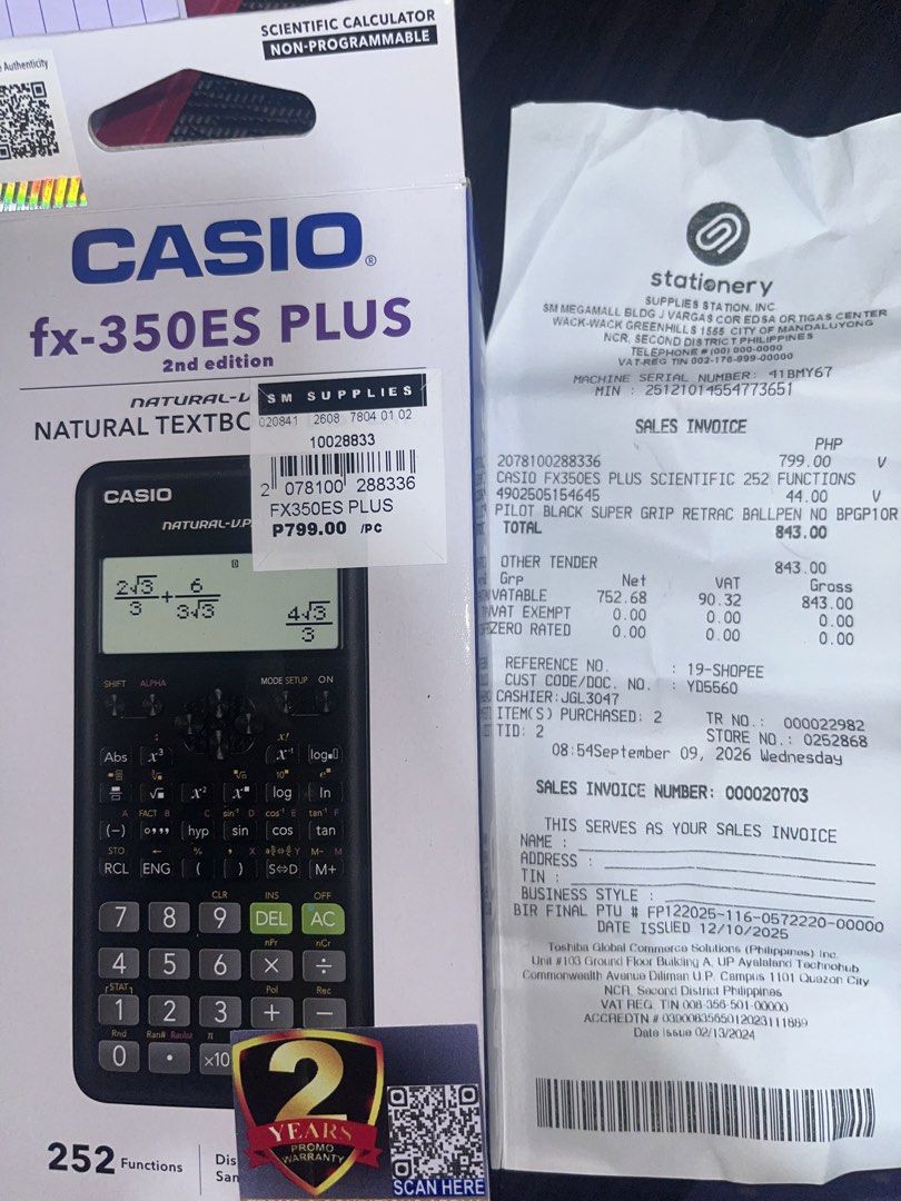 Casio fx-350ES PLUS Scientific Calculator (Category: Stationery & School Supplies) located in Manila. Submitted by shoppinggems (Listing ID 1461057062, Image 1). Description: RFS: bought the wrong one supposedly for boards; not allowed po ang model :( -Bought through SM stationery online - Casio fx-350ES PLUS Scientific Calculator (2nd Edition) - Non-programmablee - 252 Functions - Ideal for students and general calculations - Comes with a 2-year