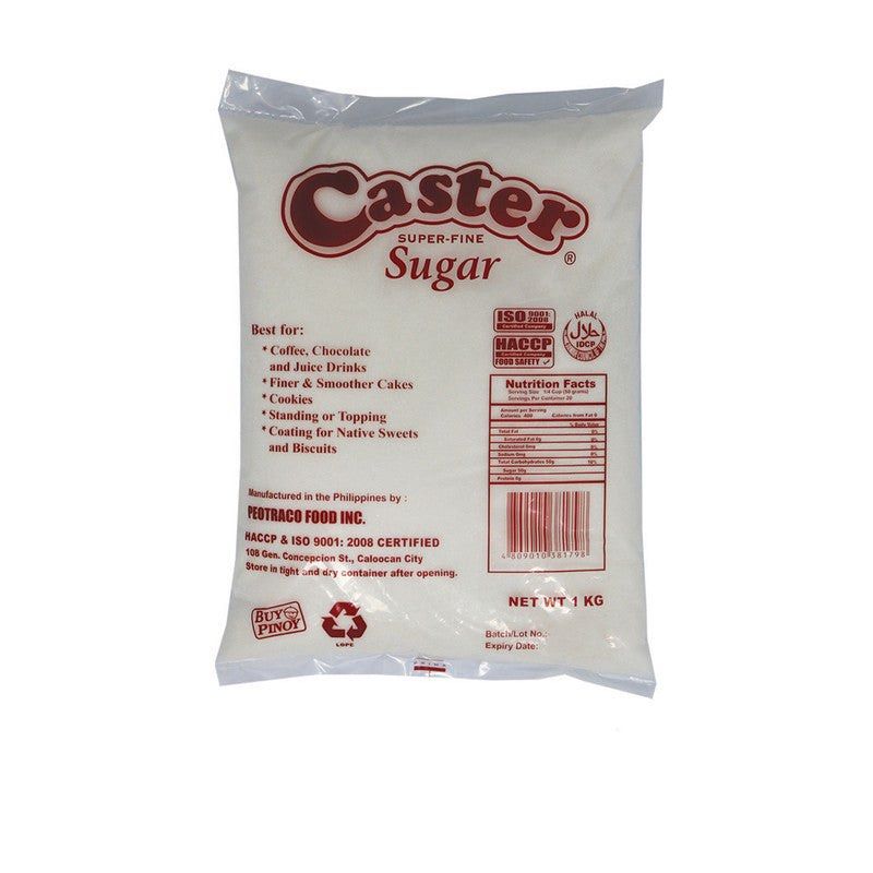 Caster Super-Fine Sugar 1kg Bag (Category: Tote Bags) located in Pasig City. Submitted by simplylizzy (Listing ID 1461018886, Image 1). Description: - Caster Sugar - Ideal for coffee, chocolate, and juice drinks - Creates finer, smoother cakes and cookies - 14 pcs available (P100/kg).