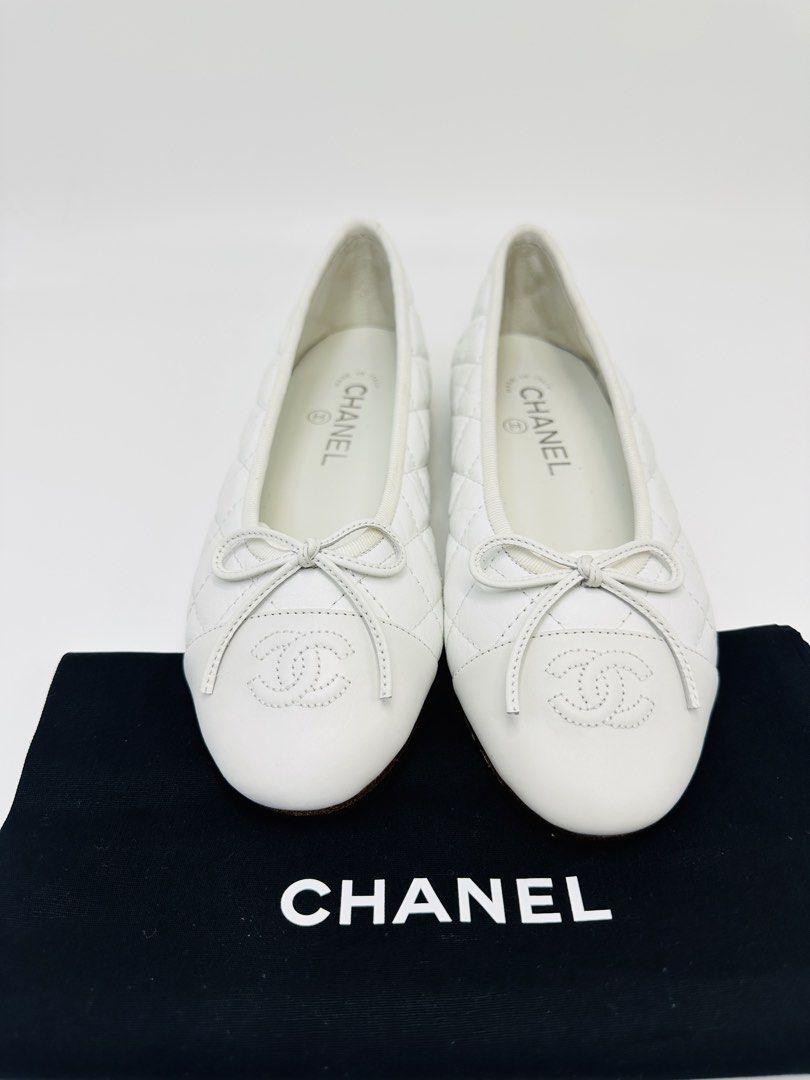 CC Quilted Ballet Flats in White (Category: Sneakers & Footwear) located in Davao. Submitted by rayneebel (Listing ID 1460972494, Image 1). Description: My friend got me a wrong size and I decided to sell these at a lower price.. These are white quilted leather Chanel ballet flats featuring a delicate bow and embroidered CC logo on the toe...