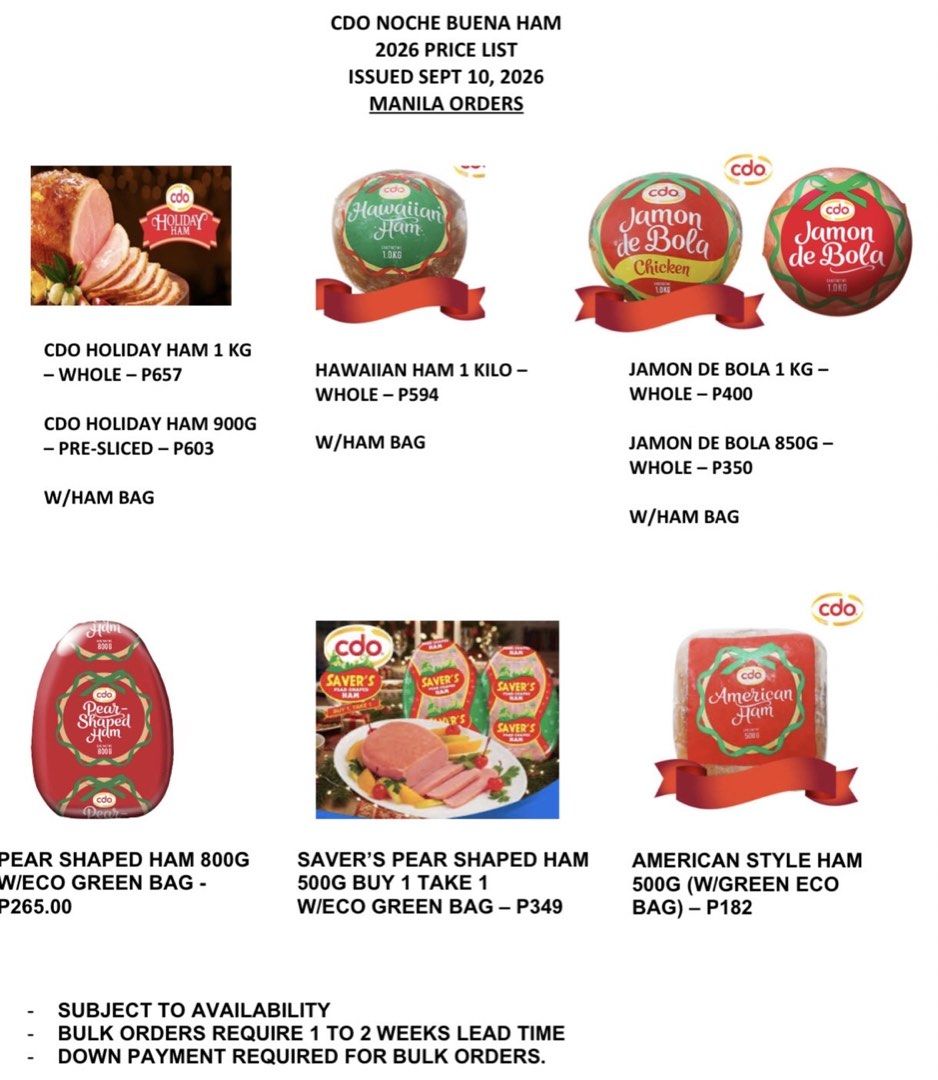 CDO Noche Buena Holiday Ham (Category: Gift Baskets & Hampers) located in Manila. Submitted by franciscojof (Listing ID 1461019670, Image 1). Description: - CDO Noche Buena Hams available for 2026! - Varieties: Holiday Ham, Hawaiian Ham, Jamon de Bola, Pear Shaped Ham, American Style Ham. - Prices and sizes vary per item. Please check details. - Subject to availability. - Bulk orders require lead time and a down payment..