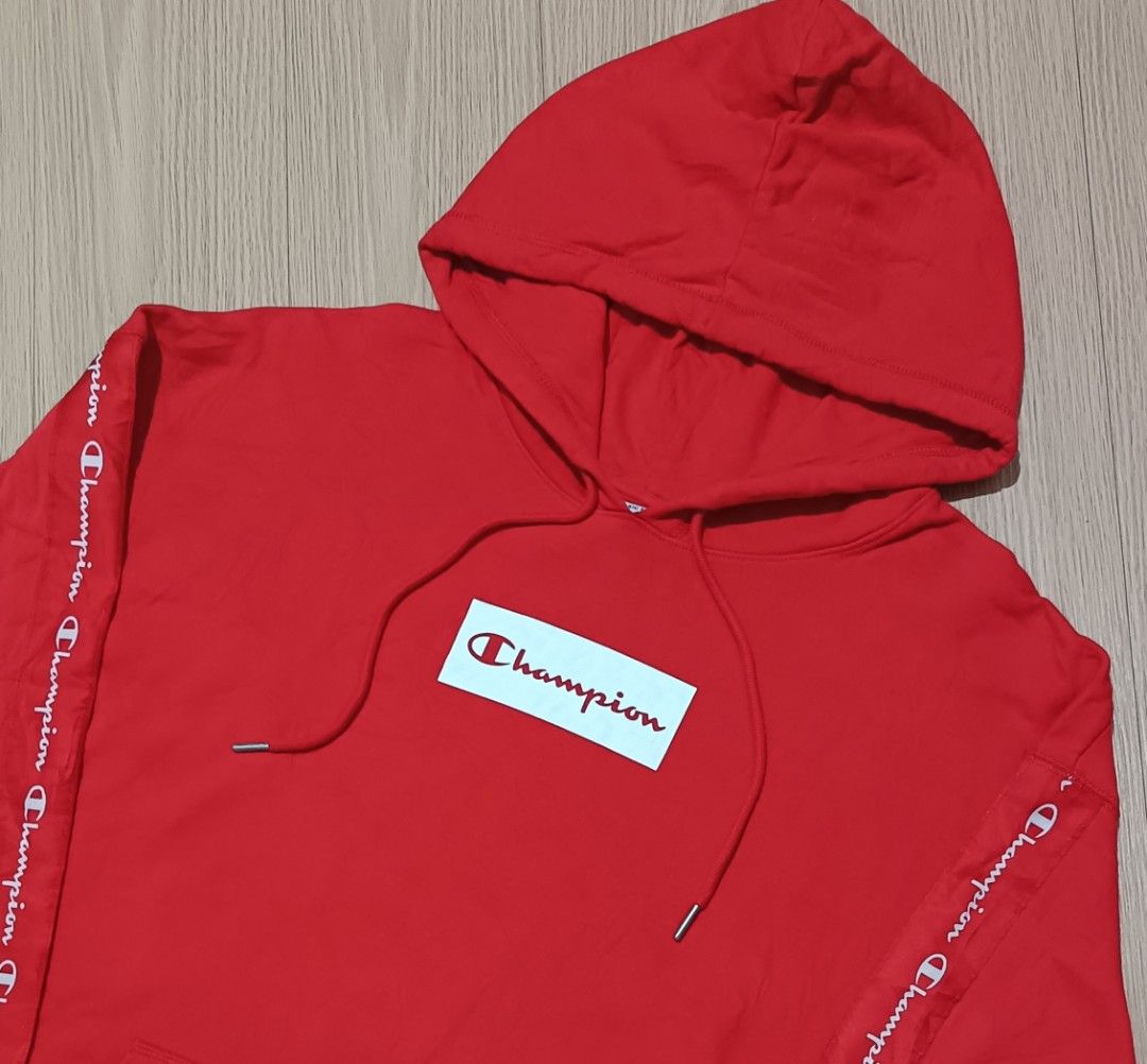 CHAMPION RED HOODIE WITH SIDE TAPE (Category: Hoodies) located in Cavite. Submitted by marcuz.lifestyle (Listing ID 1461073196, Image 3). Description: SIZE:XXL ON TAG WIDTH:28 LENGTH:30 VERRYGOOD CONDITION NO ISSUE COLOR RATE:9.5/10 MOP:GCASH DELIVERY COURIER:JNT LOCATION:IMUS CAVITE.