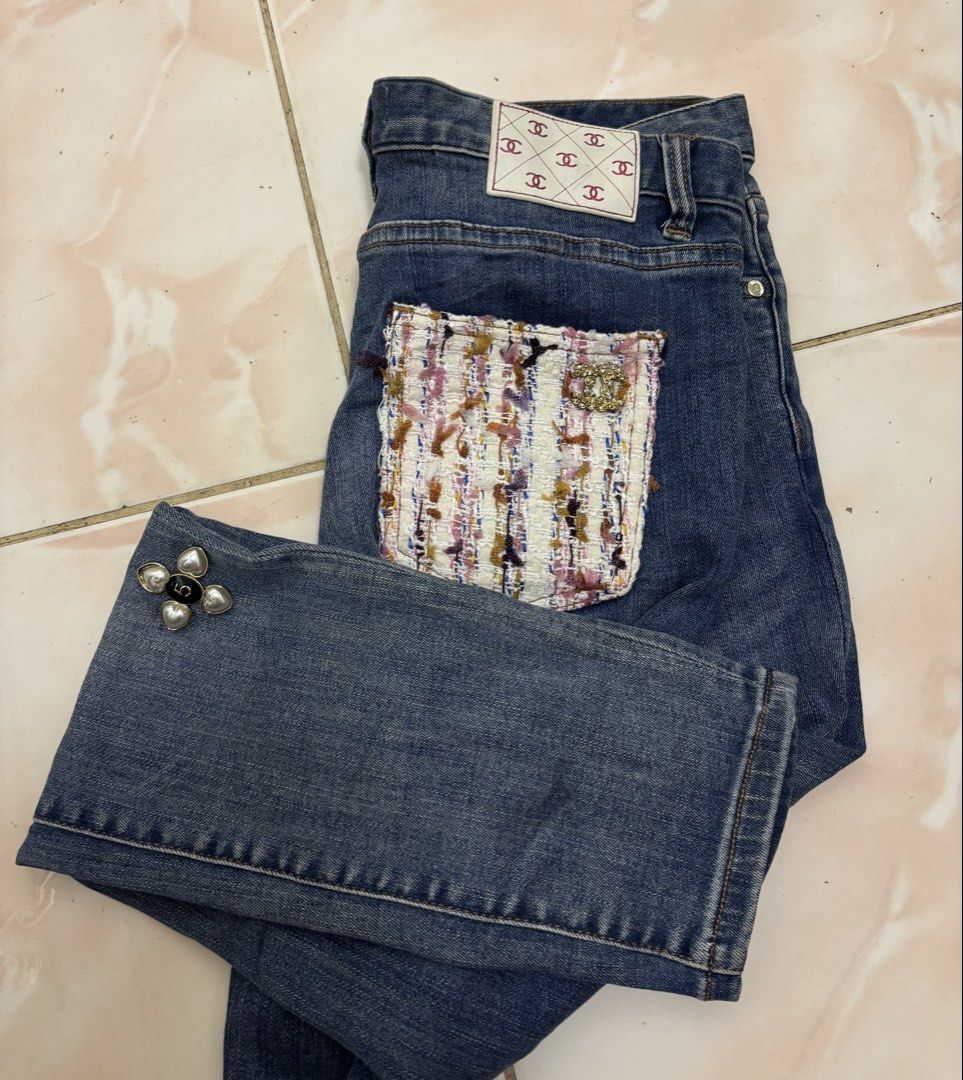Chanel tweed patchwork denim jeans (Category: Jeans) located in San Fernando. Submitted by jyyyshytt (Listing ID 1461055636, Image 3). Description: Pristine condition No issue Color rate:9.8/10 Dimensions:W30 L36 hem5.