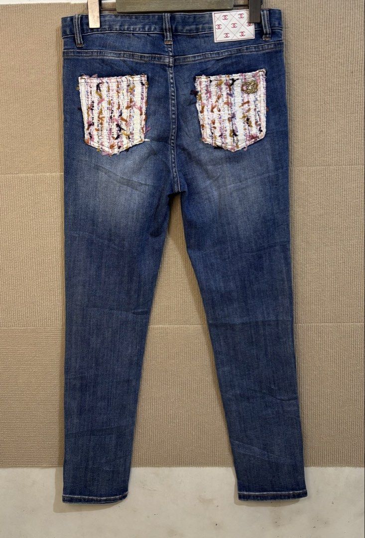 Chanel tweed patchwork denim jeans (Category: Jeans) located in San Fernando. Submitted by jyyyshytt (Listing ID 1461055636, Image 2). Description: Pristine condition No issue Color rate:9.8/10 Dimensions:W30 L36 hem5.