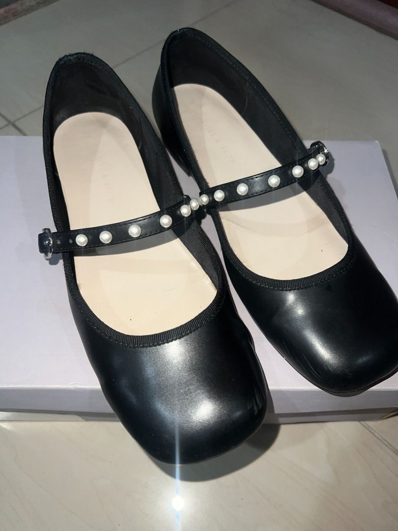 Charles & Keith Bead Embellished Mary Jane Flat (Category: Flats & Sandals) located in Pasig City. Submitted by sqfund (Listing ID 1461049092, Image 2). Description: - Charles & Keith - Black Mary Jane Flats - Size: 36 - Strap across foot with pearl embellishments, buckle closure for adjustability - Condition: Minor scuff marks on back heels (as pictured) - Includes: Original box - Would NOT recommend for WIDE FEET _______________________________