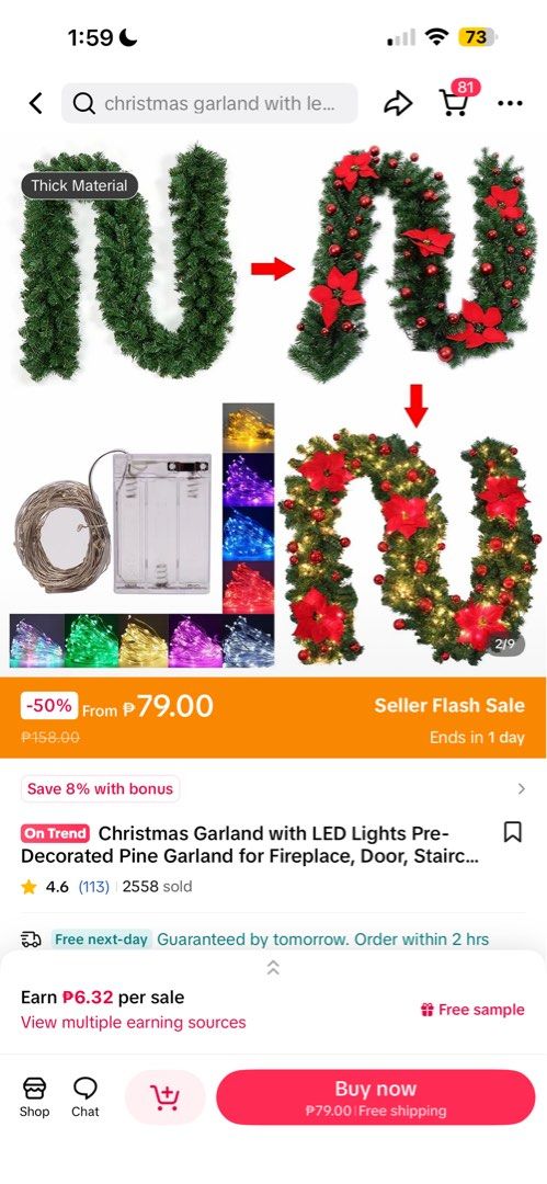 Christmas Garland (Category: Other Home Decor) located in Manila. Submitted by mikhaelaca40659 (Listing ID 1460967291, Image 2). Description: Rfs: nowhere to put it in my unit Original price : 559 Sale price: 447 I got this from TikTok Shop. It’s pre-decorated. You just have to assemble it. .