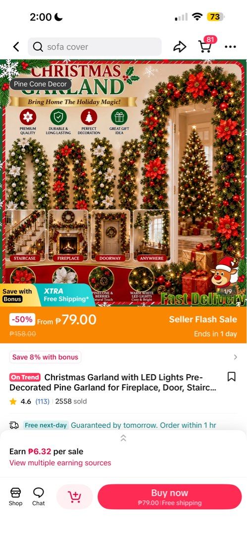 Christmas Garland (Category: Other Home Decor) located in Manila. Submitted by mikhaelaca40659 (Listing ID 1460967291, Image 1). Description: Rfs: nowhere to put it in my unit Original price : 559 Sale price: 447 I got this from TikTok Shop. It’s pre-decorated. You just have to assemble it. .
