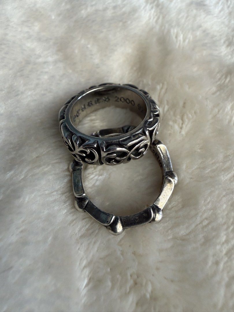 Chrome Hearts Rings Set (Category: Rings) located in Davao. Submitted by annabrd0710 (Listing ID 1461040302, Image 1). Description: - Chrome Hearts Silver Rings - Forever Ring (intricate scrollwork - size 6) - Bamboo Ring Size 7 - Classic Chrome Hearts aesthetic - Auth not guaranteed - Selling these 2 for 2500.