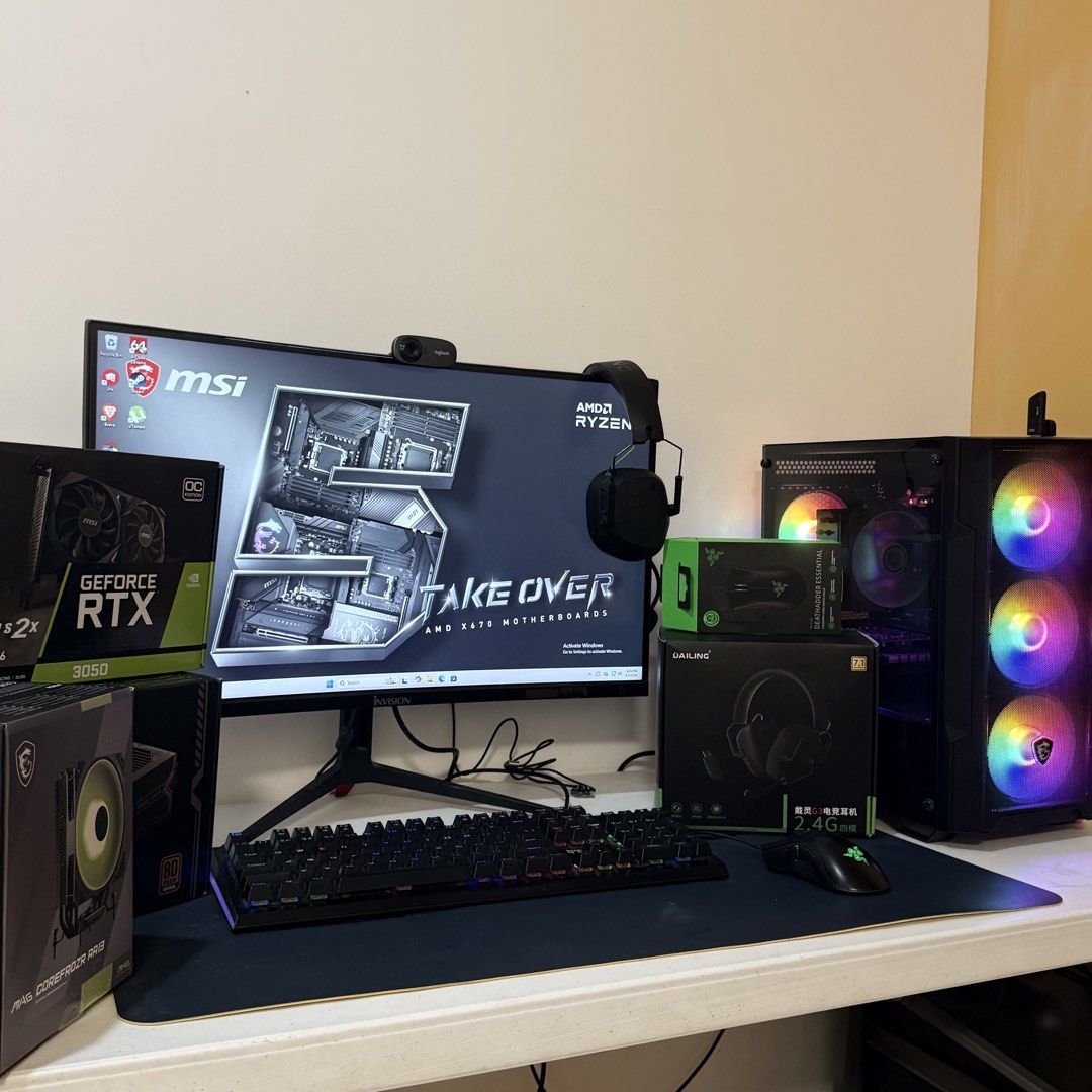 Complete gaming PC AMD Ryzen 7 5700X Set Up (Category: Desktops) located in Manila. Submitted by shopxsell (Listing ID 1461051031, Image 2). Description: COMPLETE GAMING PC SET FOR SALE — Seldom Used! Complete gaming PC setup in excellent like new condition Seldom used only — purchased just 6 months ago and well taken care of. SET INCLUDES: 🖥️ Curved Monitor – INvision 🎮 Gaming PC – AMD Ryzen 7 5700X + NVIDIA GeForce RTX 3050 6GB 💾 16GB RAM 💽