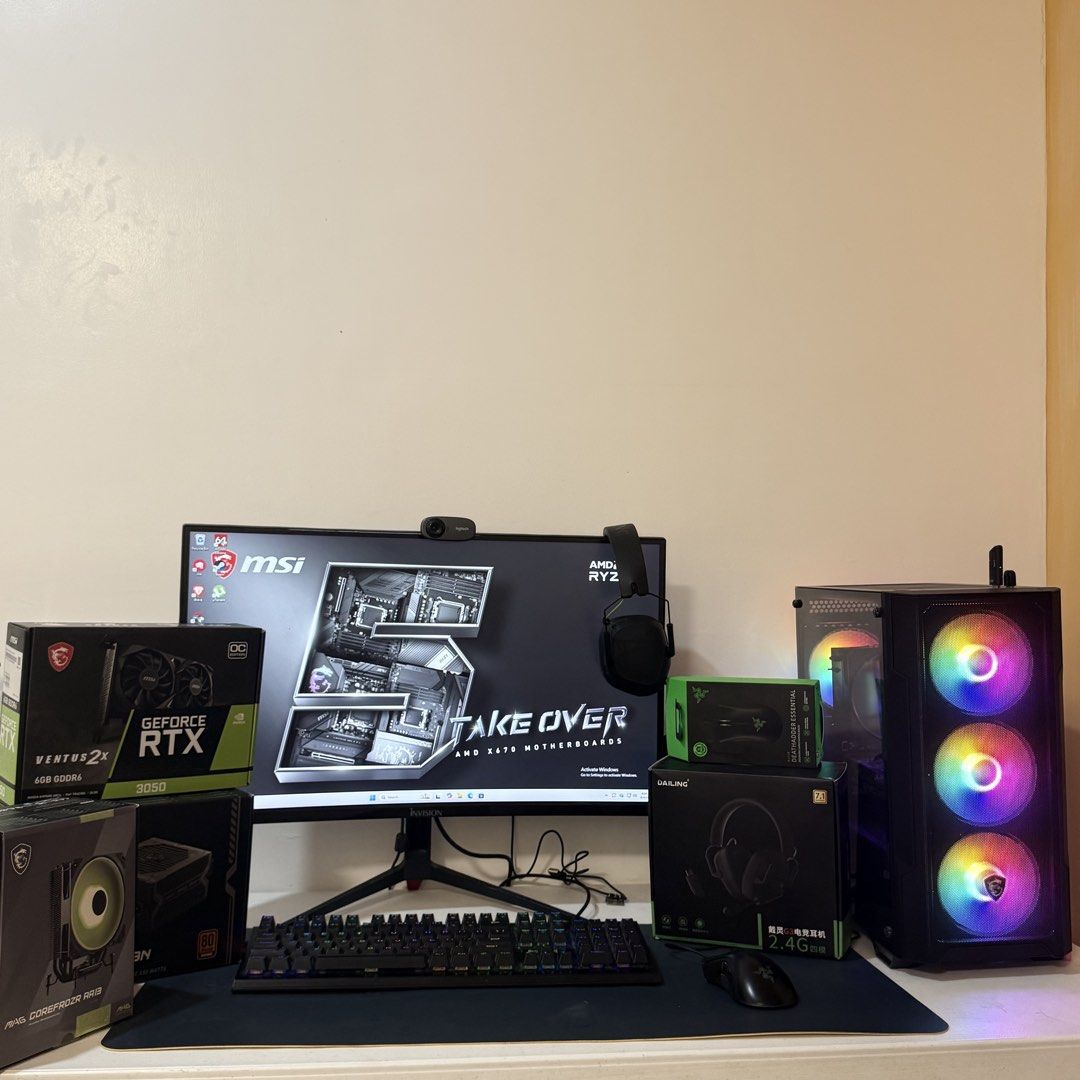 Complete gaming PC AMD Ryzen 7 5700X Set Up (Category: Desktops) located in Manila. Submitted by shopxsell (Listing ID 1461051031, Image 1). Description: COMPLETE GAMING PC SET FOR SALE — Seldom Used! Complete gaming PC setup in excellent like new condition Seldom used only — purchased just 6 months ago and well taken care of. SET INCLUDES: 🖥️ Curved Monitor – INvision 🎮 Gaming PC – AMD Ryzen 7 5700X + NVIDIA GeForce RTX 3050 6GB 💾 16GB RAM 💽