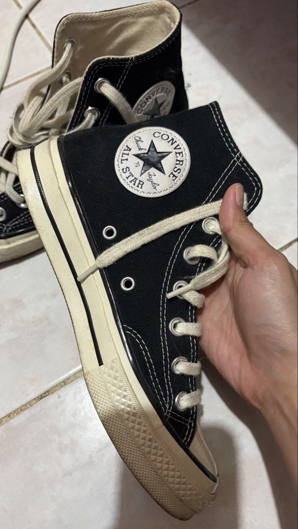 Converse Chuck Taylor All Star 70 High Top Black (Category: Sneakers) located in Pasig City. Submitted by ajdlsrysx (Listing ID 1460934268, Image 3). Description: - Classic black Converse Chuck Taylor 70s high tops - men‘s 4.5 / Women’s 6.5 - Features cream sole and laces - Perfect for everyday wear - Shows minor signs of use on sole and rubber toe cap - Still has plenty of life left - Sold as is - Authentic but no box RFS: my feet got bigger 😭 
