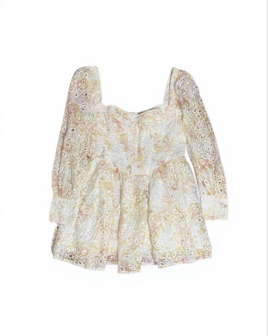 Corset Mini Dress (Category: Dresses) located in Caloocan City. Submitted by bea_d_ (Listing ID 1460960327, Image 3). Description: Bardot Eyelet Corset Mini Dress Floral (Size L / US 8) Brand: Bardot Size: Large (AU 12/ US 8/ EU 40 / UK 12) Style: Coquette, Cottagecore, Romantic, Floral Broderie Anglaise / Eyelet Condition: Excellent/ Like New Product Description Features a structured corset-inspired bodice, sweetheart neckline, delicate long she