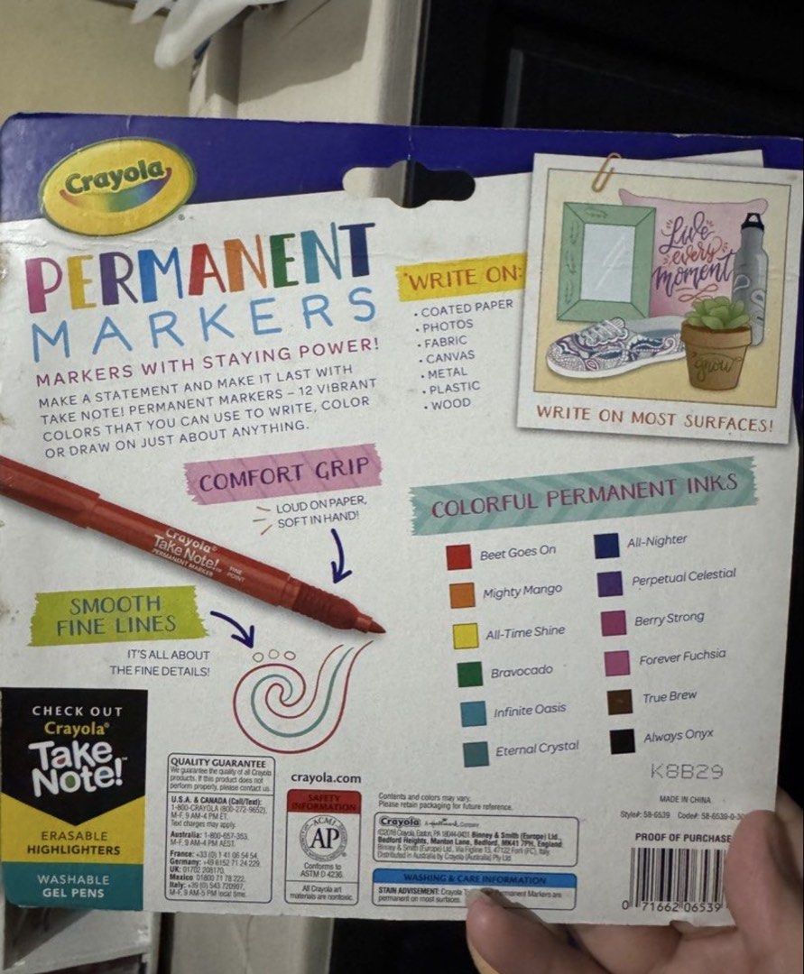 Crayola Take Note! Permanent Markers - Low Odor, Fine Point (Category: Stationery & School Supplies) located in Mandaluyong City. Submitted by kendykeyn (Listing ID 1461023236, Image 2). Description: - Set of 12 vibrant Crayola Take Note! Permanent Markers. - Fine point tips for precise and detailed drawing, writing, and coloring. - Comfortable grip for extended use. - Low odor formula for a pleasant experience. - Permanent ink suitable for use o