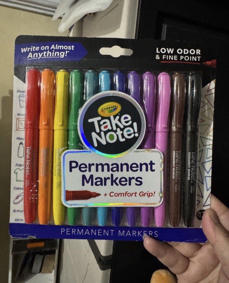 Crayola Take Note! Permanent Markers - Low Odor, Fine Point (Category: Stationery & School Supplies) located in Mandaluyong City. Submitted by kendykeyn (Listing ID 1461023236, Image 1). Description: - Set of 12 vibrant Crayola Take Note! Permanent Markers. - Fine point tips for precise and detailed drawing, writing, and coloring. - Comfortable grip for extended use. - Low odor formula for a pleasant experience. - Permanent ink suitable for use o