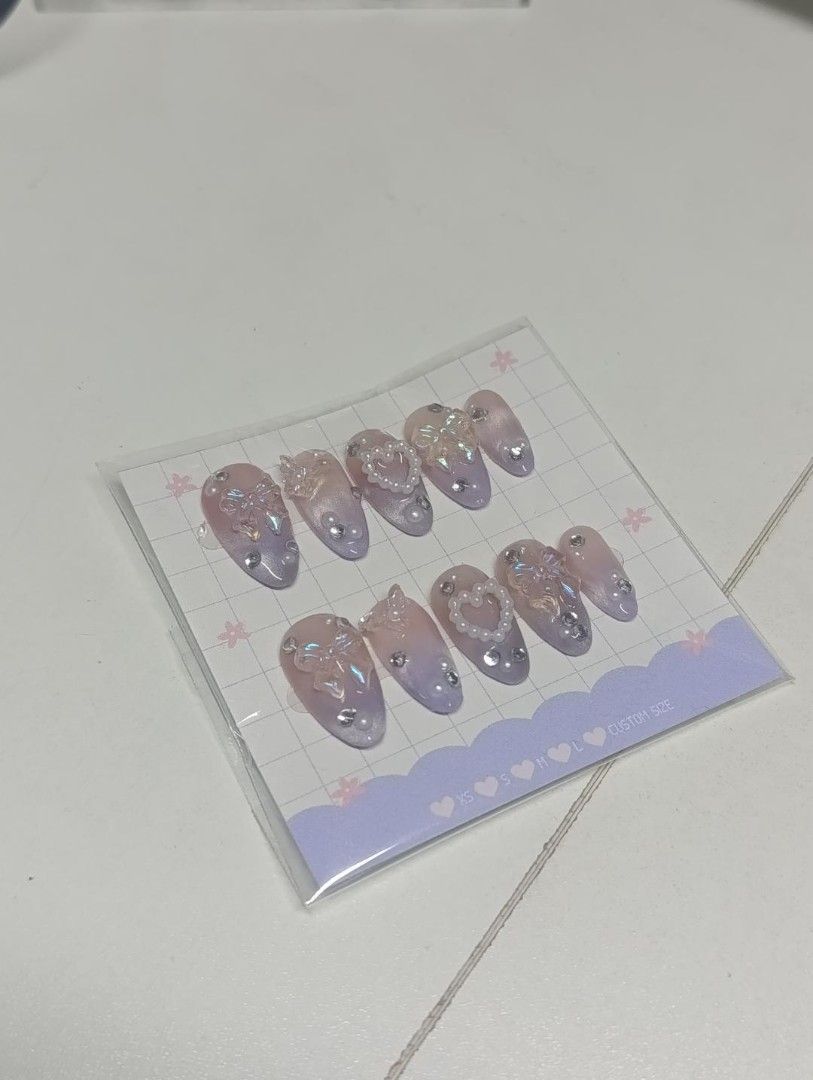 Custom Press-On Nails (Category: Hands & Nails) located in Manila. Submitted by ishifishy (Listing ID 1460928885, Image 1). Description: Base length: short -250 medium - 300 long - 350 simple designs +150 more detailed +200-300 free style +300 application kit +50 packaging: case +40 card +20 DM me @pixiepressed.ph in Instagram for more information .
