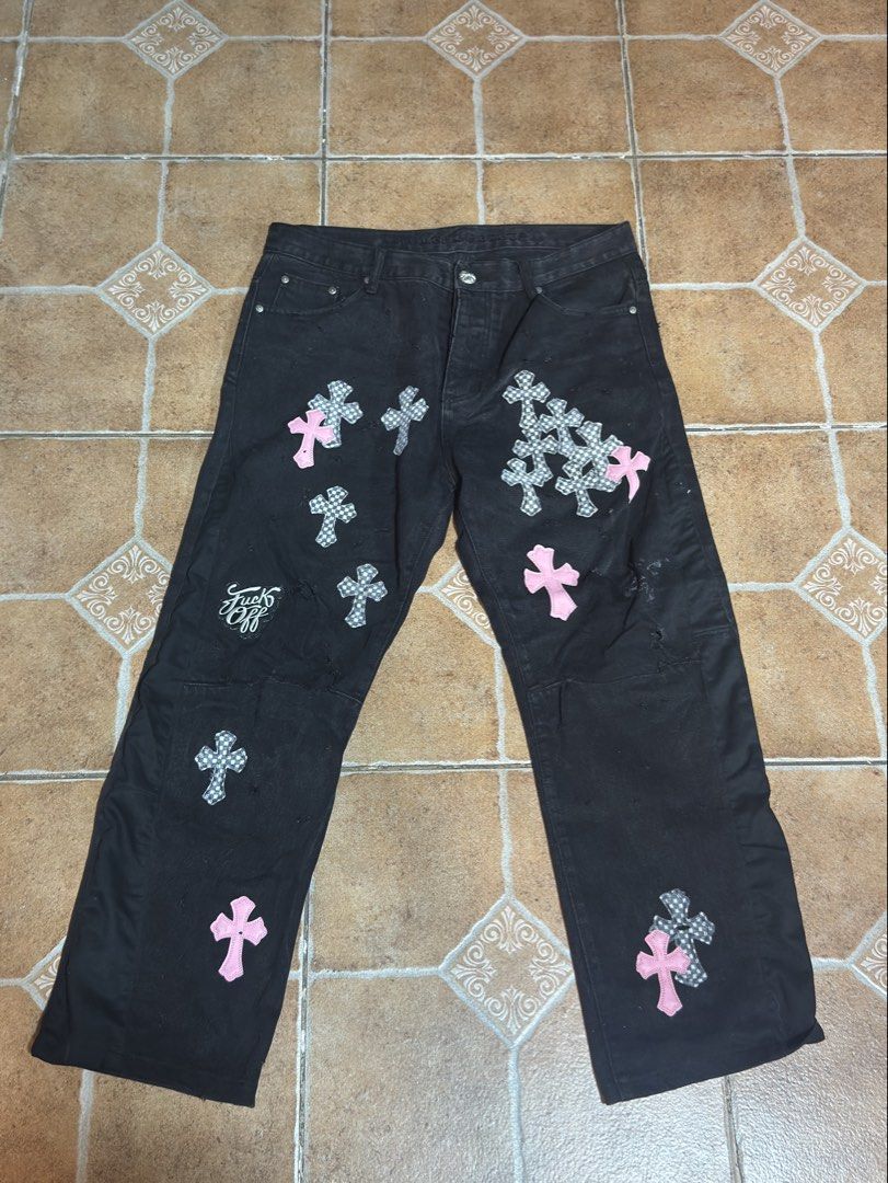 Distressed Custom Chrome Hearts Denim Jeans w (Category: Jeans) located in Manila. Submitted by joshua_23_ (Listing ID 1461064516, Image 1). Description: SIZE 36 LENGTH 40 INCHES CUSTOMIZED PATCH AND DISTRESSING ALTERED FIT; WIDER LEG.