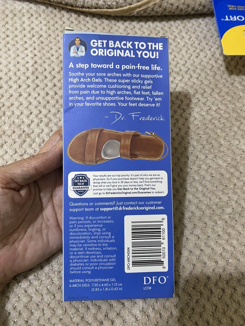 Dr. Frederick’s Original High Arch Gels (Category: Shoe inserts) located in Cavite. Submitted by momrocks (Listing ID 1460976276, Image 2). Description: Dr. Frederick’s Original High Arch Gels, which are peel-and-stick gel inserts designed to support high arches and relieve foot discomfort. 6 pieces per pack. Height: Approximately 1 cm to 1.1 cm tall. Material: Clear, supportive gel with a repositionable adhesive backing. How to Use: Clean Land d