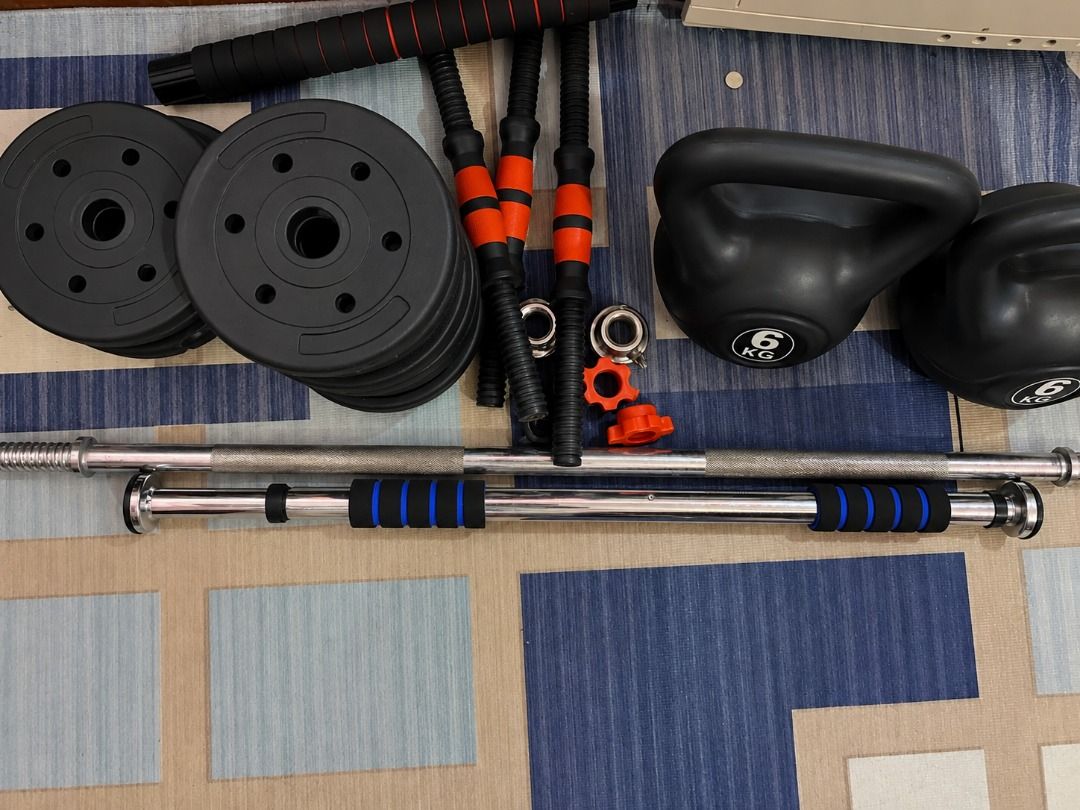 DECLUTTERING HOME GYM SET - 3.5K PHP NEGOTIABLE (Category: Weights & Dumbbells) located in Bulacan. Submitted by sabbyjuno (Listing ID 1461045123, Image 1). Description: ₱3,500 negotiable rfs: I don't really do home workouts anymore since my gym is literally near my house lol these have just been sitting around and I figured someone else might actually get good use out of them!! 🙂 perfect if you're trying to build a home gym / home workout setup