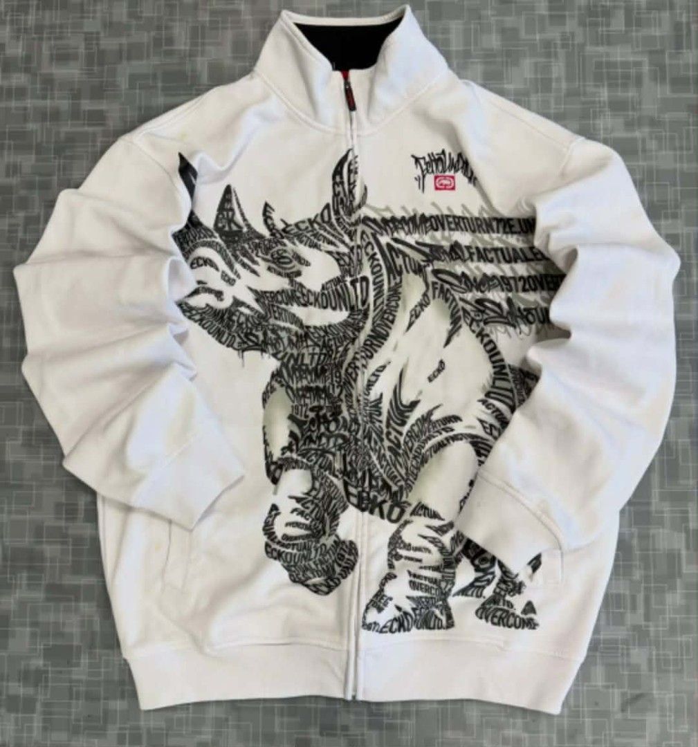 Ecko Unltd Rhino Graffiti Track Jacket (Category: Coats, Jackets and Outerwear) located in Cabuyao City. Submitted by odddolphin-aa30 (Listing ID 1461042787, Image 1). Description: 22-24 X 30 Black stain at ribbings Lints Sign of blue pen stain .