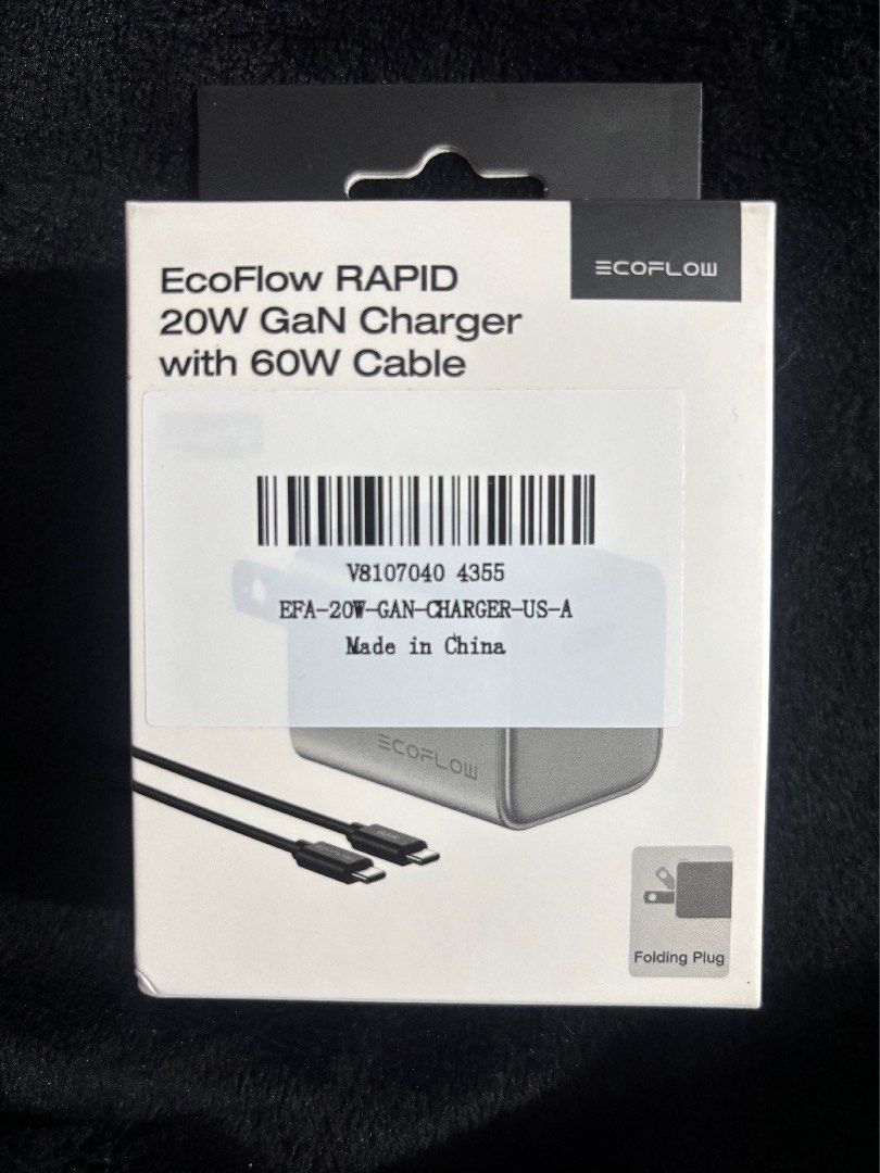 EcoFlow RAPID 20W GaN Charger with 60W Cable (Category: Chargers & Cables) located in Manila. Submitted by maah_closet (Listing ID 1461028650, Image 1). Description: - EcoFlow RAPID 20W GaN Charger - GaN technology for ultra-fast charging - Includes a 60W charging cable - Compact and portable with folding plug design - Universal compatibility with various devices - Advanced temperature control for safe charging - Made in China.
