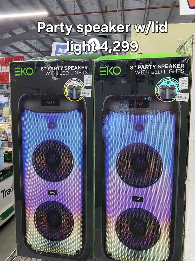 EKO 8" Party Speaker with LED Lights (Category: Soundbars, Speakers & Amplifiers) located in Cainta. Submitted by christine07. (Listing ID 1461113045, Image 1). Description: - EKO 8-inch Party Speaker - Built-in LED lights for party vibes - Integrated display showing 88:88 - TWS function to connect two speakers - Ideal for gatherings and events - Comes in original packaging.