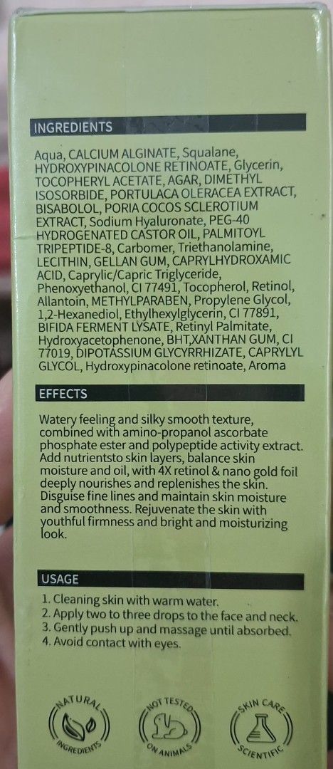 Ellen Ella Retinol Serum 35ml (Category: Face Care) located in Mandaluyong City. Submitted by gantan.tree (Listing ID 1460985677, Image 2). Description: Ellen Ella Retinol Serum 35ml -has 4X Retinol X nanotechnology goldfoil for smooth & firm skin -Check pictures for ingredients -Expiry date: June 2028 MOP: cash/bank transfer/Gcash (# under About).