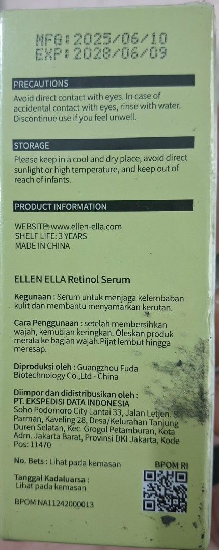Ellen Ella Retinol Serum 35ml (Category: Face Care) located in Mandaluyong City. Submitted by gantan.tree (Listing ID 1460985677, Image 3). Description: Ellen Ella Retinol Serum 35ml -has 4X Retinol X nanotechnology goldfoil for smooth & firm skin -Check pictures for ingredients -Expiry date: June 2028 MOP: cash/bank transfer/Gcash (# under About).