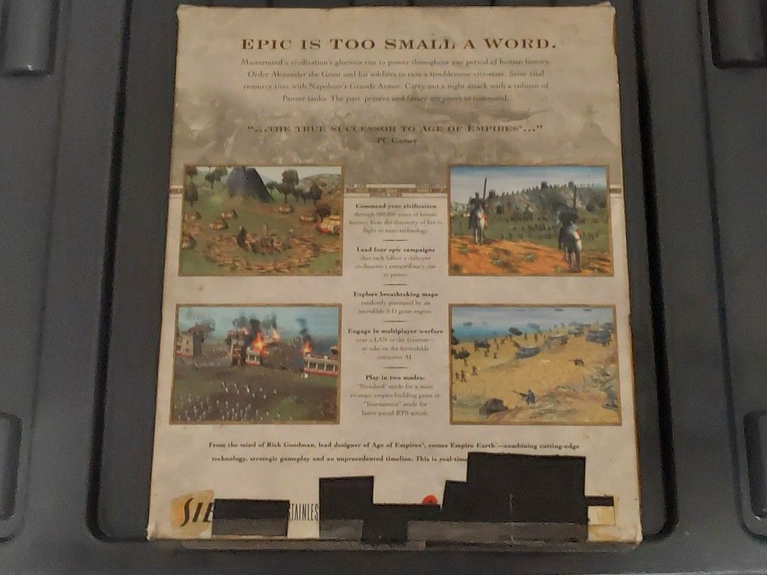 Empire Earth (CIB) PC Game Windows 95 98 (Category: Others) located in Buenavista. Submitted by petsounds (Listing ID 1461047924, Image 2). Description: WTS: Empire Earth (CIB) PC Game Windows 95 98 🏷️ Price: PHP 700 + SF 📍 Location: Buenavista, Agusan del Norte ​📦 Courier: JT Express An authentic retail copy of Empire Earth. Fully playable through third-party patches or virtual machines. The bottom of the box is taped with left over residue..