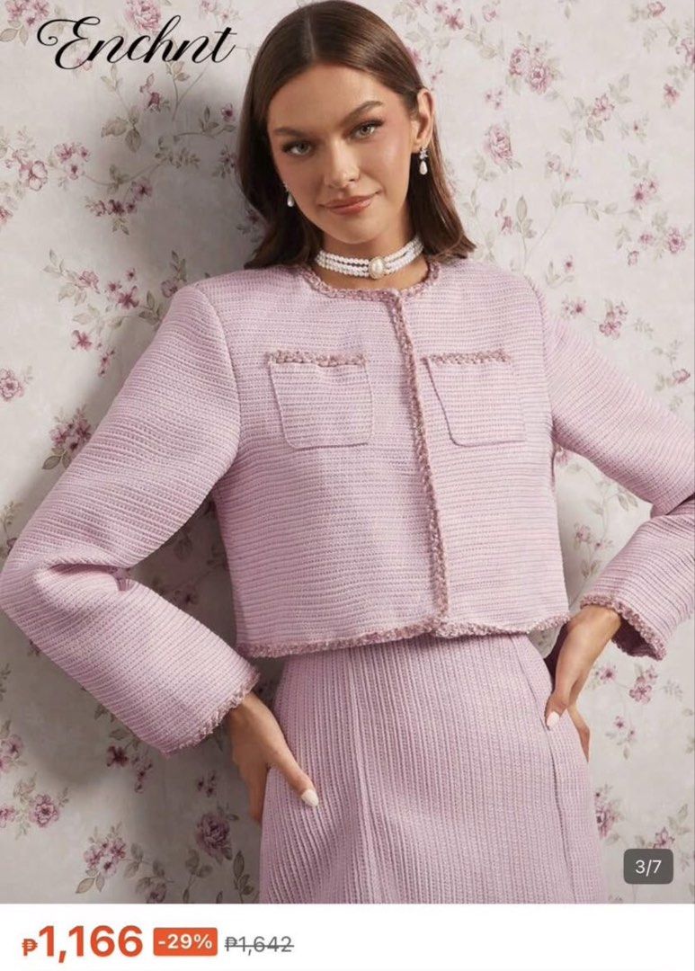 Tweed blazer (Category: Coats, Jackets and Outerwear) located in Angeles City. Submitted by nicaaaaa9 (Listing ID 1461112066, Image 1). Description: Enchnt Fall/Winter Romantic Women’s Elegant Pink Contra Used once.