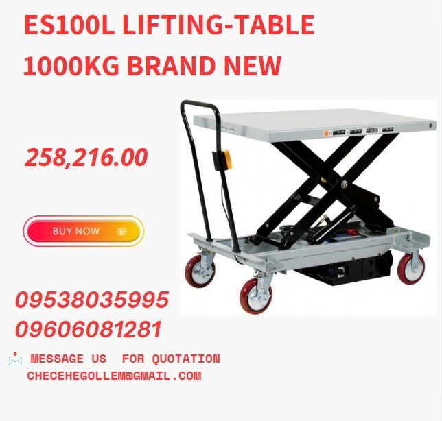 ES100L Lifting-table 1000kg brand new (Category: Home Improvement Tools & Accessories) located in Caloocan City. Submitted by 09945233960 (Listing ID 1460927747, Image 1). Description: ●Model type: ES100L ●Capacity (kg): 1000 ●Platform size(mm): 1200*800 ●Lifting height(mm): 430-1220 ●Weight(kg) 225 .