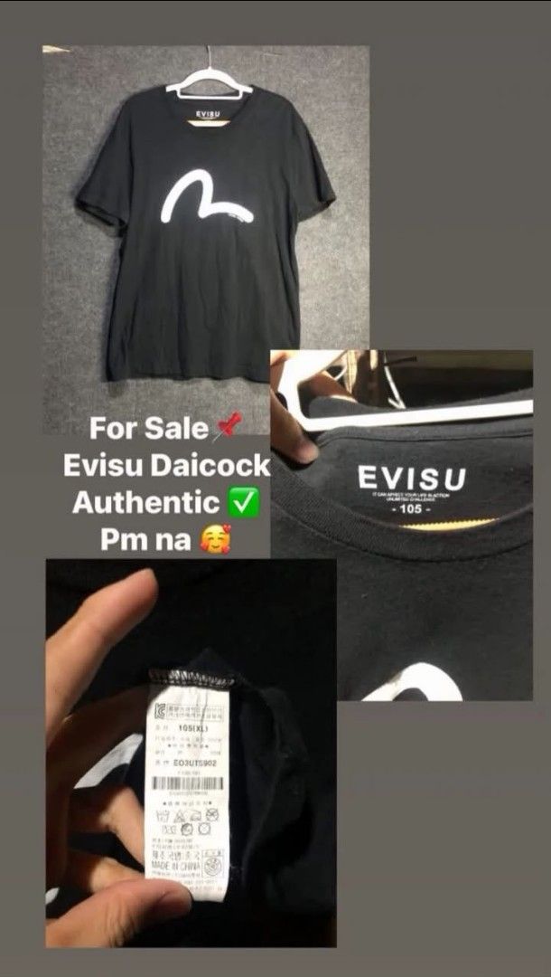 Evisu Daicock Authentic Black T-shirt XL (Category: Tshirts & Polo Shirts ) located in Manila. Submitted by thriftnipaps (Listing ID 1461071854, Image 1). Description: - Authentic Evisu Daicock T-shirt - Color: Black - Size: XL but fit to Large - Features the iconic white Daicock logo - Perfect for streetwear fans - Made in China - Message for inquiries!.