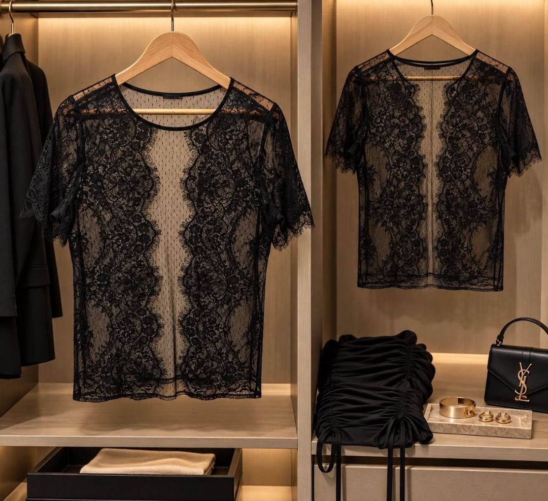 Express Black Lace Sheer Short Sleeve Top (Category: Blouses) located in Cebu City. Submitted by classy82 (Listing ID 1461091523, Image 1). Description: - Sheer black lace top - Short sleeves - Delicate floral lace pattern - Classic round neckline - Ideal for layering over camisole or bralette - Slightly sheer finish - Comfortable fit - Elevates any outfit.