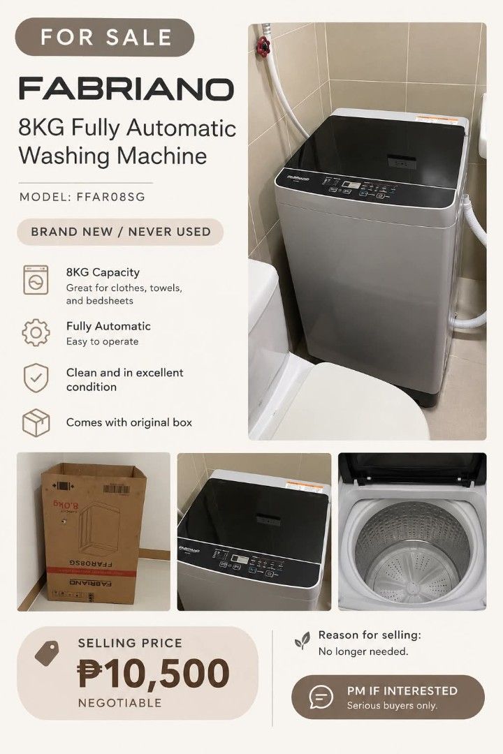 Fabriano Fully Automatic Washing Machine (Category: Washing Machines and Dryers) located in Las Pinas. Submitted by elijahcalinisan.06 (Listing ID 1460966921, Image 1). Description: FOR SALE: Fabriano 8KG Fully Automatic Washing Machine – BRAND NEW Brand: Fabriano Model: FFAR08SG Capacity: 8 KG Type: Fully Automatic Top Load Condition: ⭐ BRAND NEW / NEVER USED ✨ Brand new and never used ✨ Comes with original box ✨ 8KG capacity — great for clothes