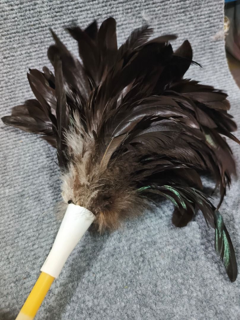 Feather Duster with Black Handle (Category: Dresses) located in San Leonardo. Submitted by burgossanleonardo.12345 (Listing ID 1461055704, Image 3). Description: - Fluffy dark brown feathers - Black handle with textured grip for comfortable holding - Yellow band accent near the top - Ideal for efficient home dusting - Easy to use and handle.